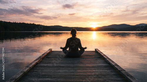 Person meditating on a wooden dock at sunset over a calm lake.
