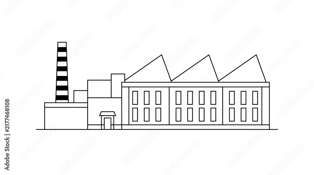 Obraz premium Line Drawing of Factory Building with Chimney and Industrial Roof