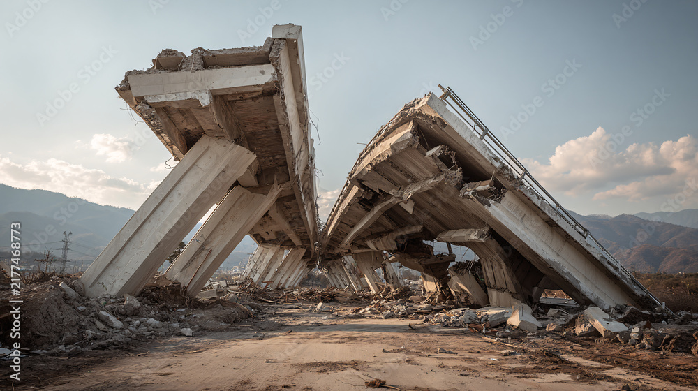 Fototapeta premium Collapsed concrete bridge with debris and mountains in the background