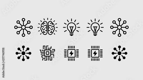 Collection of ten technology and artificial intelligence icons including brains, light bulbs, chips, and network nodes.