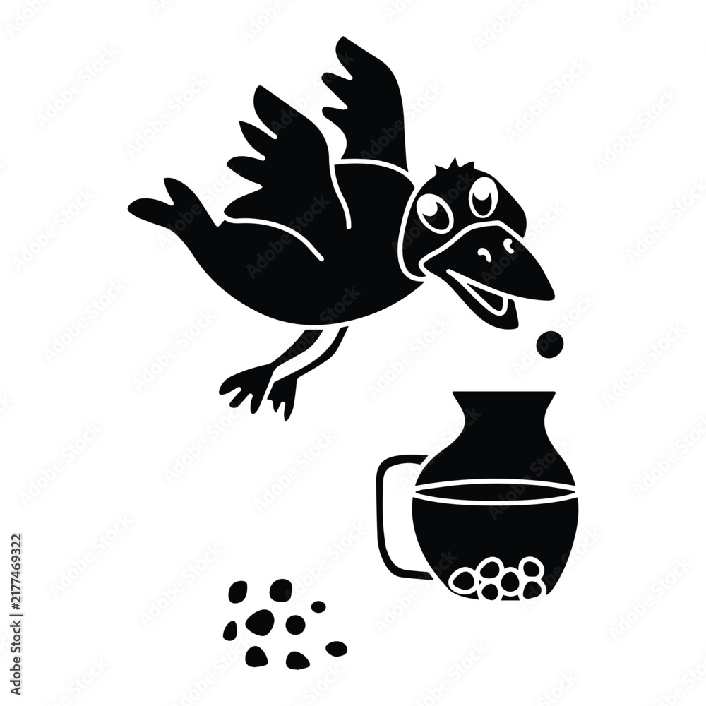 Naklejka premium Thirsty crow dropping small stones into water jug fable solid glyph vector illustration icon set.