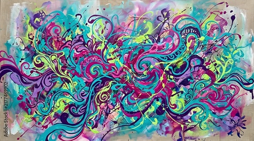 Vibrant abstract graffiti mural with bright colors and complex swirling patterns on a concrete wall