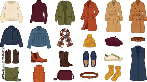 Autumn fashion collection vector illustration with seasonal apparel and accessories on white background