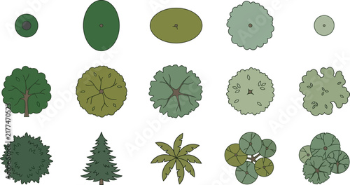 Collection of diverse flat lay tree icons in various green tones and shapes for architectural design