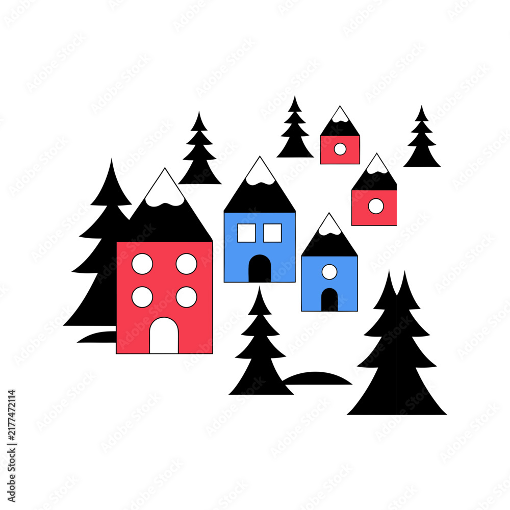 Naklejka premium Winter village with houses and pine trees illustration