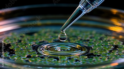 1053. Extreme macro photo of an automated micro-dispenser dripping nutrient solution onto living plant cell cultures in a petri dish. High clarity liquid droplet refraction, ultra-detailed textures, 