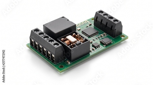 Electronic circuit board with terminal blocks, green PCB with industrial components, hardware module for automation and engineering