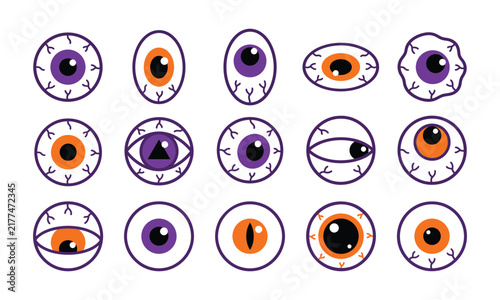 Set of various hand drawn cartoon eyeballs for halloween design