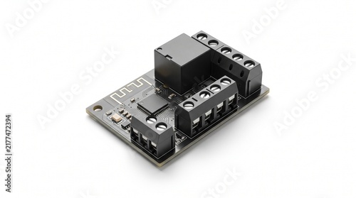 Electronic relay module for smart home automation, wireless Wi-Fi control board with terminal blocks, IoT hardware component on white
