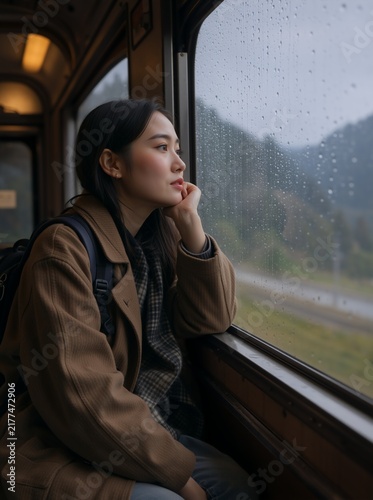 Young Asian woman looking out a rainy train window. Thoughtful female passenger resting chin on hand during a railway journey