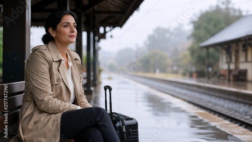 Middle-aged woman waiting at a train station platform with a suitcase. Female commuter sitting on a bench in a trench coat on a rainy day. Public transportation and travel concept