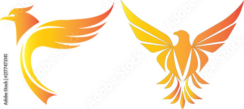 Phoenix bird vector logo graphic set with fiery orange and yellow colors