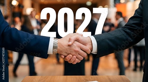 Business handshake with blurred people and the number 2027 in the background representing new years goals