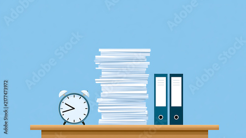 Flat vector illustration of a messy desk with a huge stack of white paper documents, a retro alarm clock, and office binders on blue background