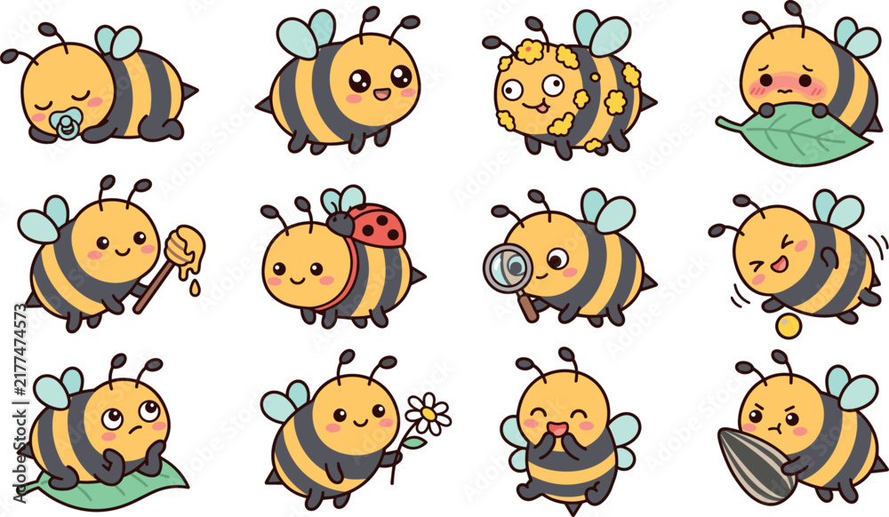 Obraz premium Cute honey bee vector character icon set with cartoon bumblebees sleeping flying holding honey flower leaf and different mascot emoji facial expressions
