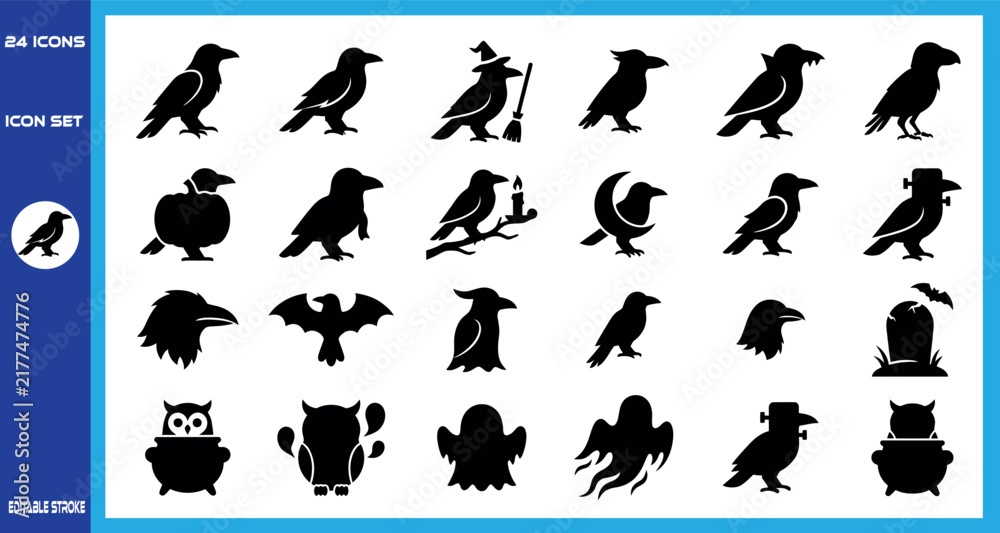 Naklejka premium Halloween-Crow-And-Raven-Silhouette-Icon-Set-Vector-Collection-For-Spooky-Graphic-Design