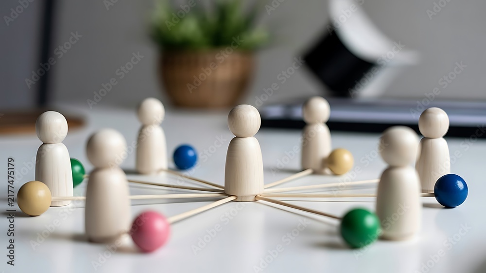 Obraz premium Wooden peg dolls connected by sticks to colorful spheres representing network communication and team collaboration in a modern office desk setting
