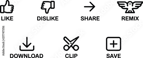 Like, dislike, share, remix download clip and save icon, vector streaming video channel UI symbols, social media controls, content management, digital interface, isolated on white background.