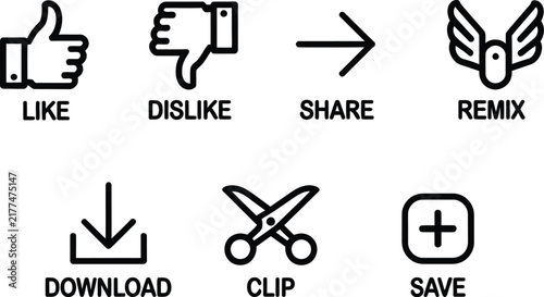 Like, dislike, share, remix, download clip and save icon, streaming video UI vector elements, reaction buttons, content tools, media controls, channel interface, isolated on white background.