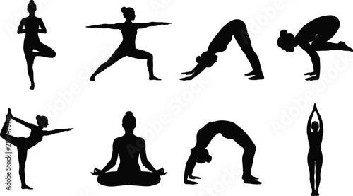 Set of yoga pose silhouettes featuring women practicing meditation, stretching, and fitness exercises