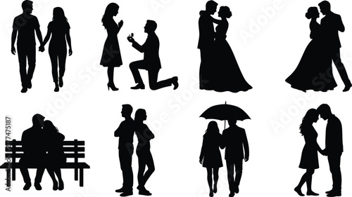 Set of couple silhouettes featuring romantic moments, wedding couples, proposals, and dating pairs
