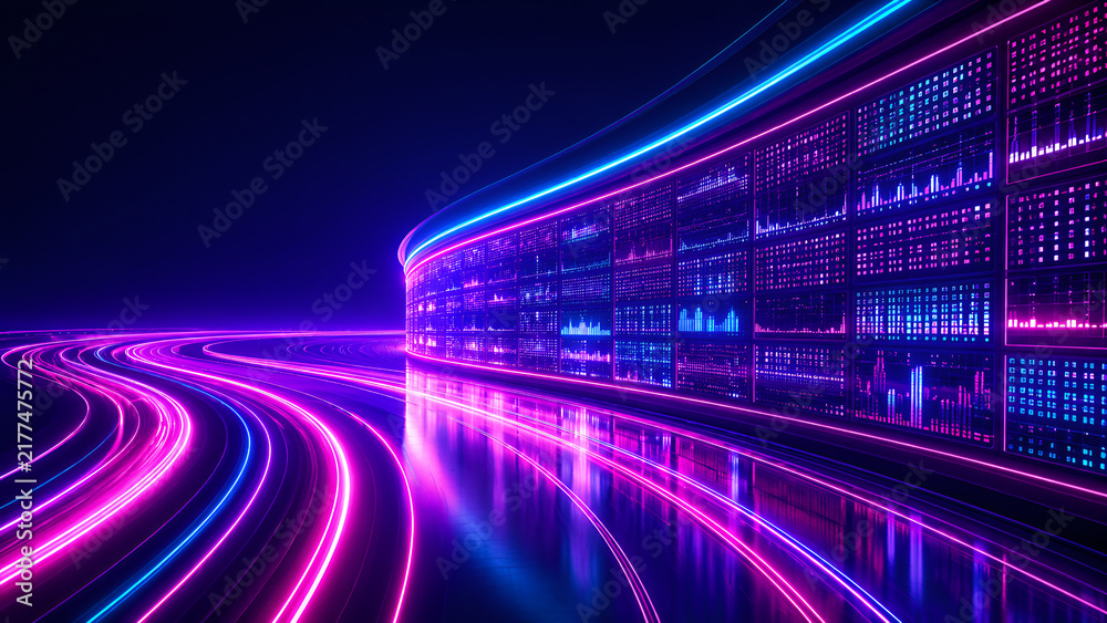 Fototapeta premium Abstract neon light trails curving around glowing server racks