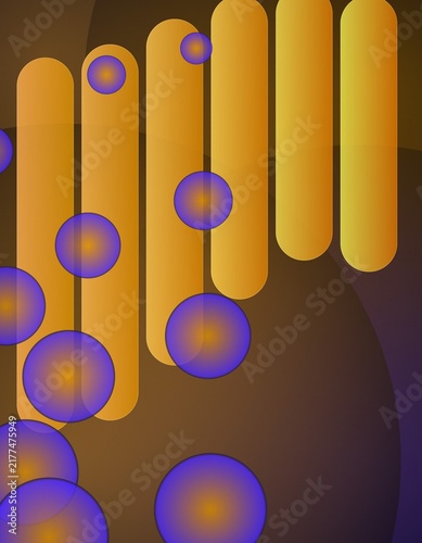 Photography Abstract background featuring vertical gold bars and floating purple orbs