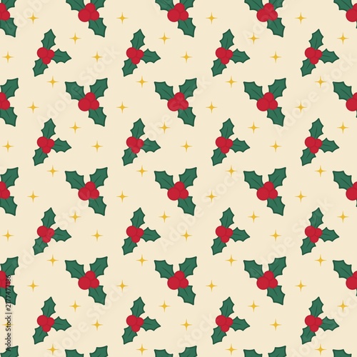 Seamless Christmas Holly Berry Pattern with Golden Stars on Cream Background