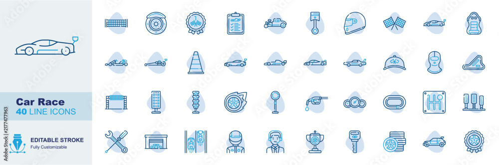 Obraz premium Car Race icon set. Editable line icons racing car, motorsport, helmet vector illustration