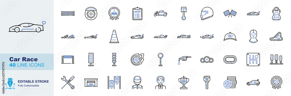 Obraz premium Car Race icon set. Editable line icons racing car, motorsport, helmet, trophy and speedometer vector illustration