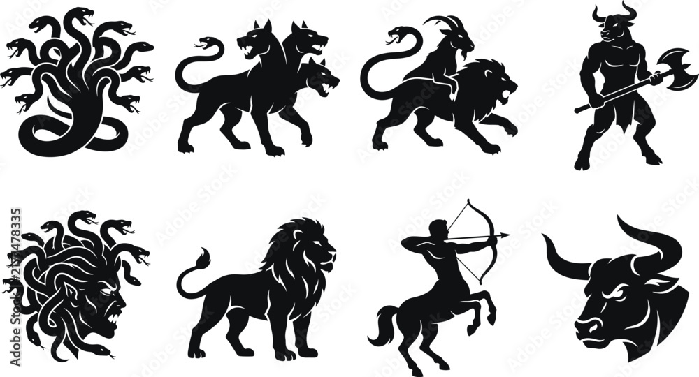 Obraz premium Set of black silhouettes representing mythical creatures, legendary monsters, and ancient Greek gods