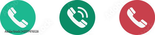 Phone handset, and hang up icon, long shadow style, telephone communication sign, call control, answering and ending calls, digital interface, isolated on white background.