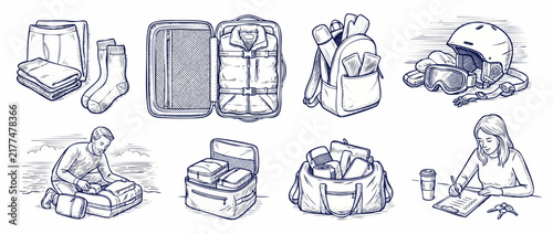 Travel packing icon set illustration of suitcase organization, luggage packing cubes, travel backpack, duffel bag, ski gear helmet, and checklist planning sketches for vacation preparation concept.