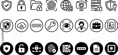 Set of flat vector icons representing data security privacy and digital protection concepts