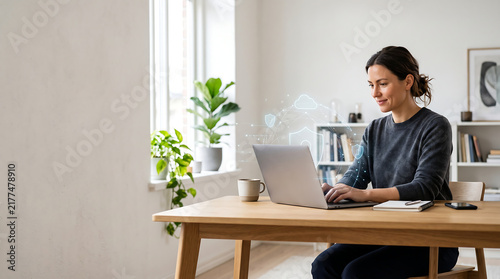 Professional Woman Using Laptop with Cybersecurity Cloud Data Protection Holograms in Bright Office