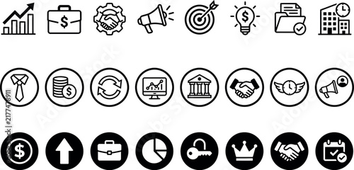 Collection of monochrome business and industry related icons in a circular arrangement