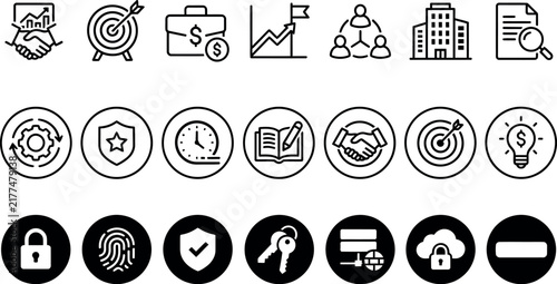 Collection of diverse black and white icons representing modern business and technology concepts