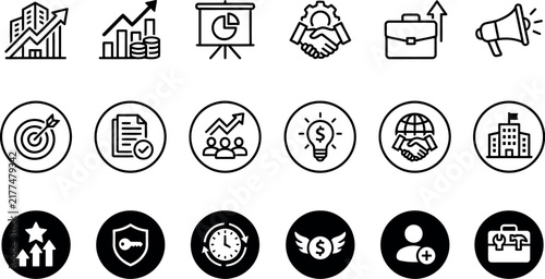 Collection of business and finance icons representing growth strategy and success