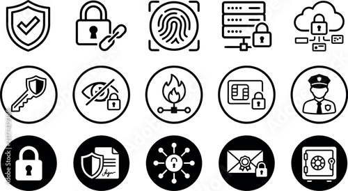 Security icons set including protection fingerprint firewall and data encryption concepts