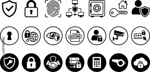 Security icons set including padlock shield fingerprint surveillance and access control
