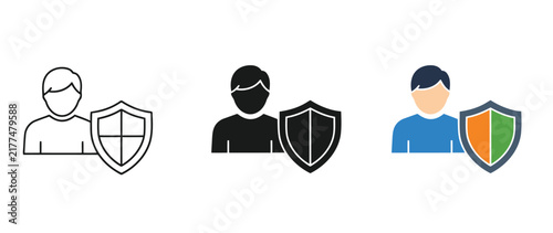 Three icons showing person holding different shield designs on transparent background