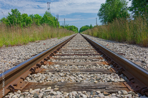 Quadro su tela Low-angle view of railroad tracks stretching into a lush green countryside, emphasizing perspective, vanishing point and textured wooden ties with and open sky
