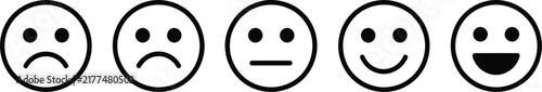 Customer rate, satisfaction level emoticon icon, five facial expressions of feedback vector, editable stroke, satisfaction rating, user experience and review interface.