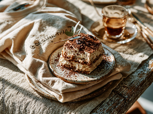 Warm sunlit flat‑lay shot featuring cocoa‑dusted tiramisu cake slice, small espresso glass and folded linen apparel atop textured wooden table.