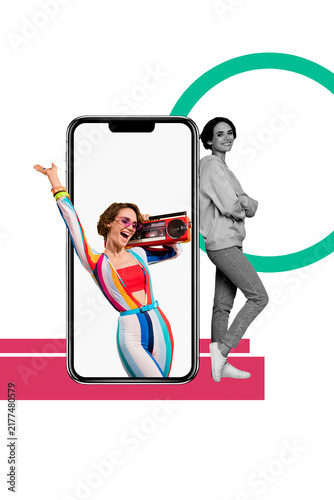 Quadro su tela Creative trend collage of young female device screen social media fake happy rep
