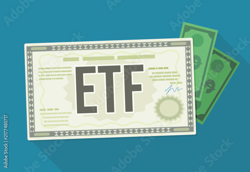 ETF exchange traded fund certificate with US dollar cash banknotes on teal background representing stock market dividend payouts, capital growth, and asset returns