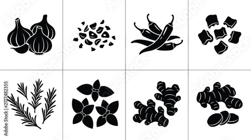 Culinary herbs and spices black silhouette icon set featuring garlic, chili peppers, rosemary, and ginger