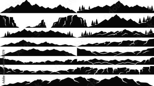Silhouette collection of mountain ranges rocky cliffs and pine forest landscapes isolated on white