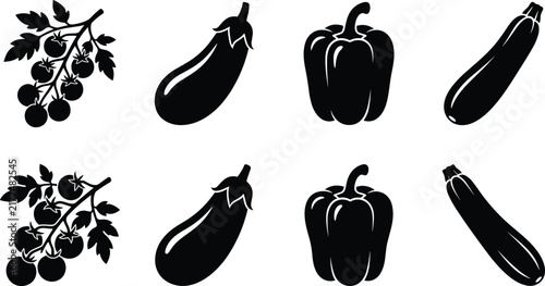 Silhouette vector set of fresh vegetables tomatoes eggplant bell pepper and zucchini isolated on white