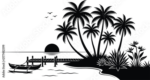 Tropical beach sunset landscape silhouette with palm trees wooden pier outrigger boat and ocean